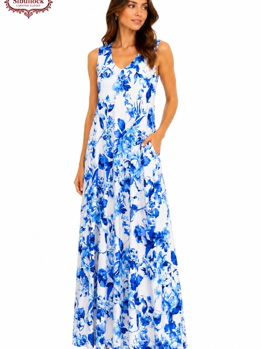 Belle by Kim Gravel Blue and White Floral Maxi Dress